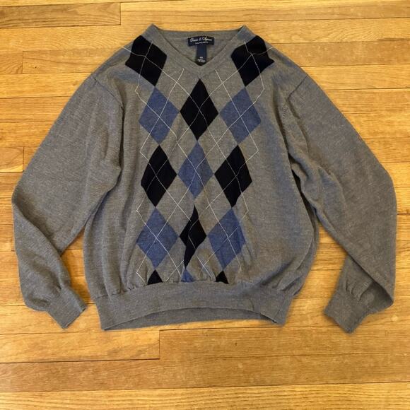 Davis & Squire 100% wool gray blue argyle pullover sweater size medium M
 b3 - Picture 1 of 4